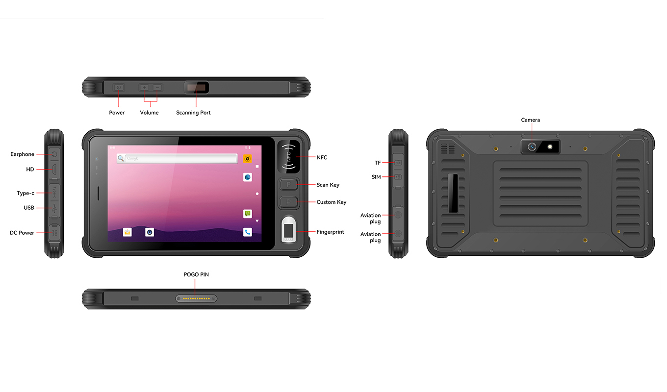 Dimension of 8 Inch MTK 6771 Front NFC Fingerprint Rugged Tablet