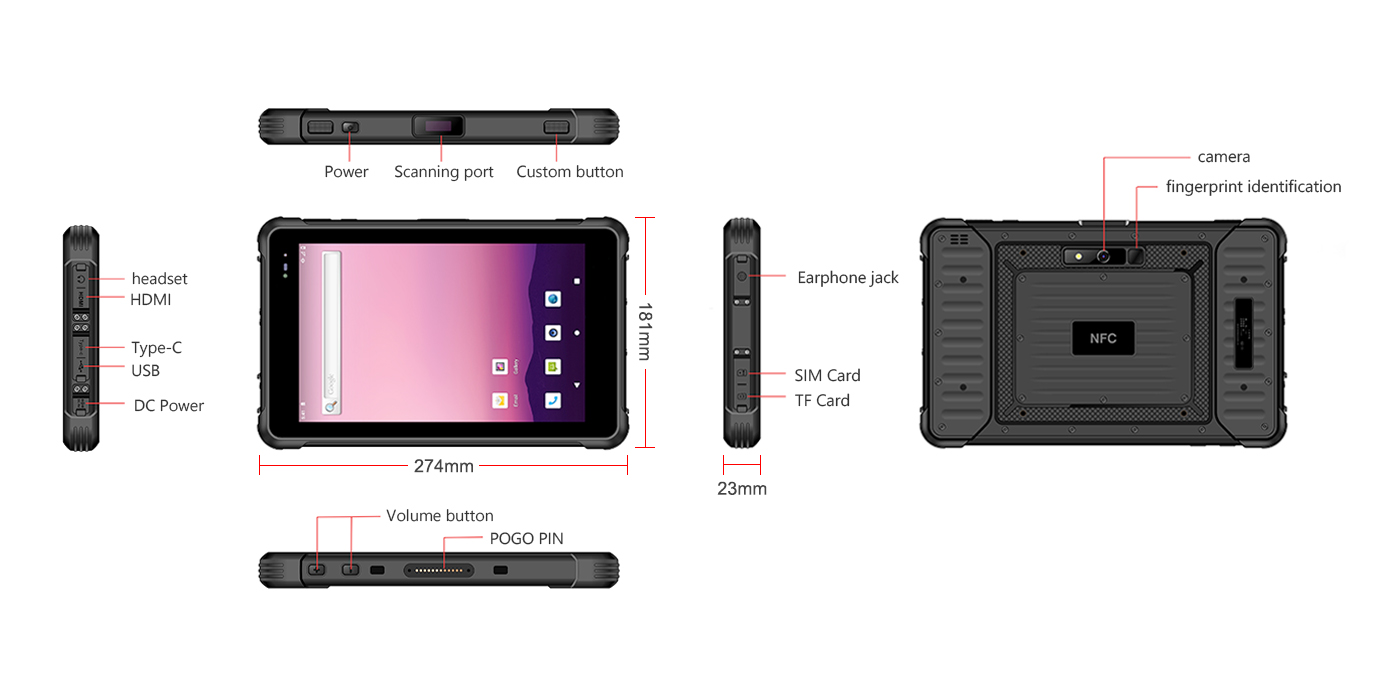 Deminsion of 8 Inch MTK 6771Rugged Tablet