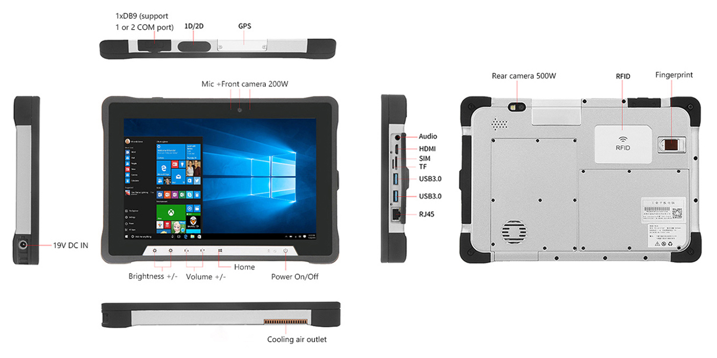 Deminsion of 10 Inch Intel Core I3/I5/I7 Rugged Tablet