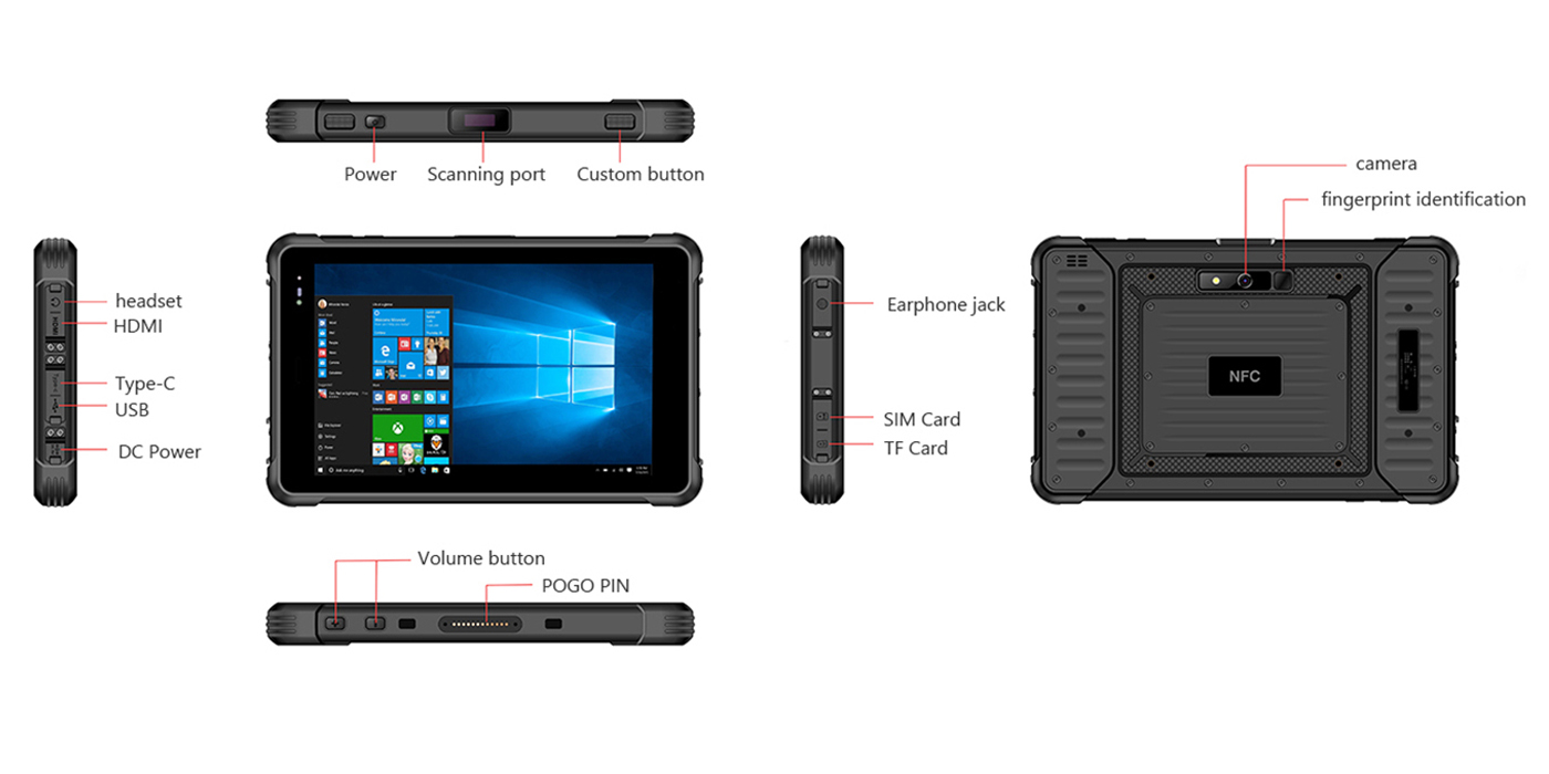 Deminsion of 8 Inch Intel Z8350 Rugged Tablet