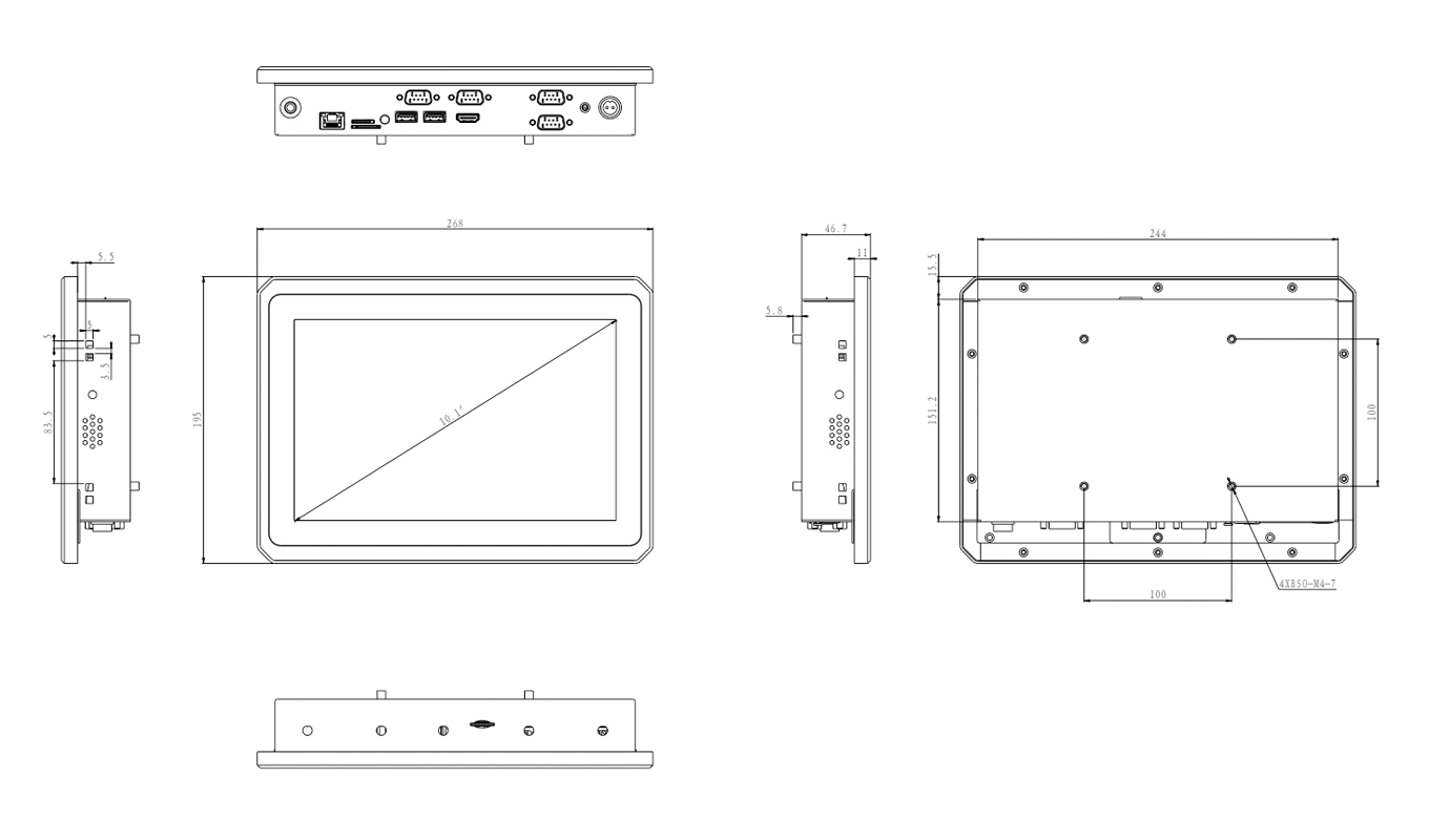 Dimension of 10 Inch 5G RK3399 All in One Capacitive