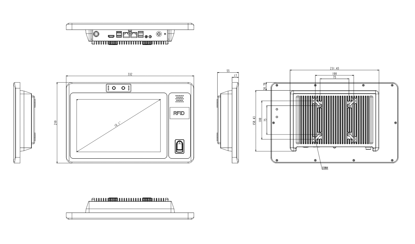 Dimension of 10 Inch Celeron J1900 Core i3/i5/i7 Capacitive Panel PC