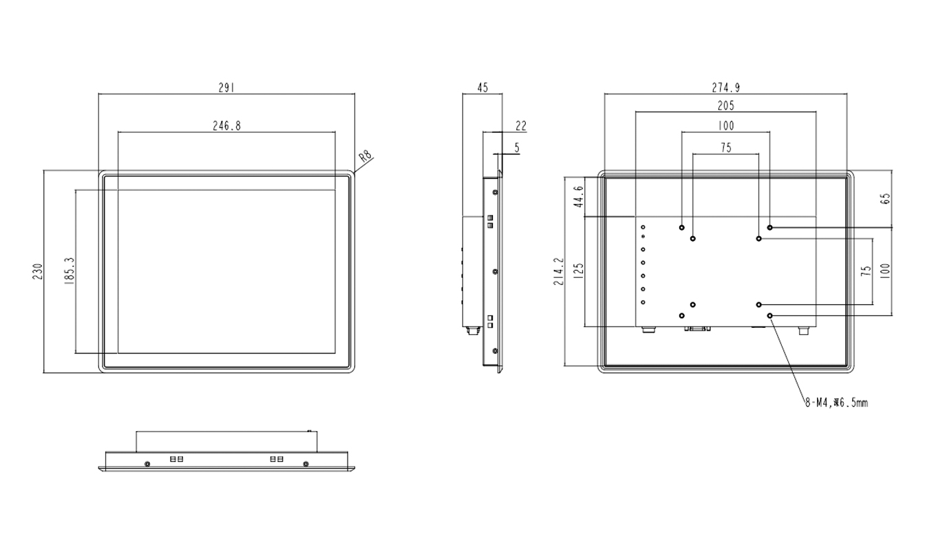 Dimension of 12.1 inch Capacitive Touch Industrial Monitor
