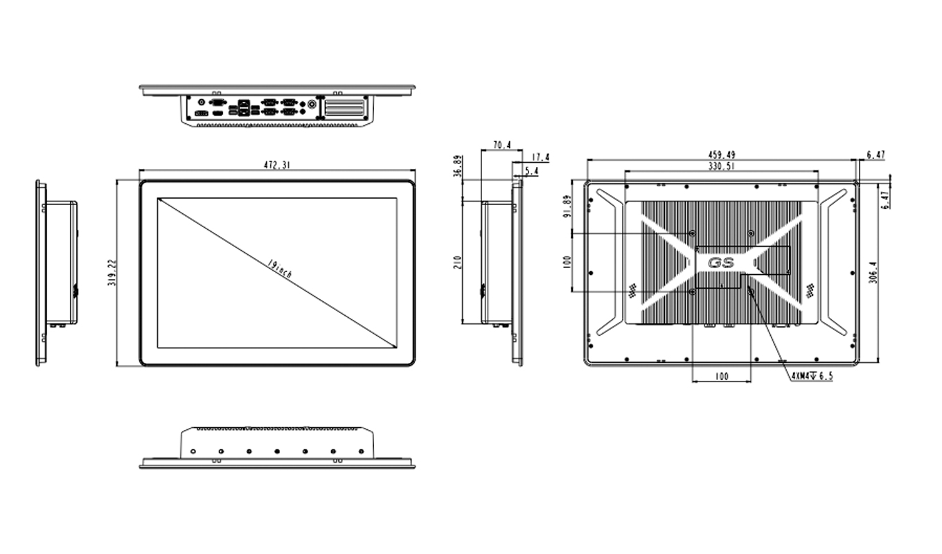 Dimension of 19 Inch Celeron J1900 Cabless Capacitive Panel PC