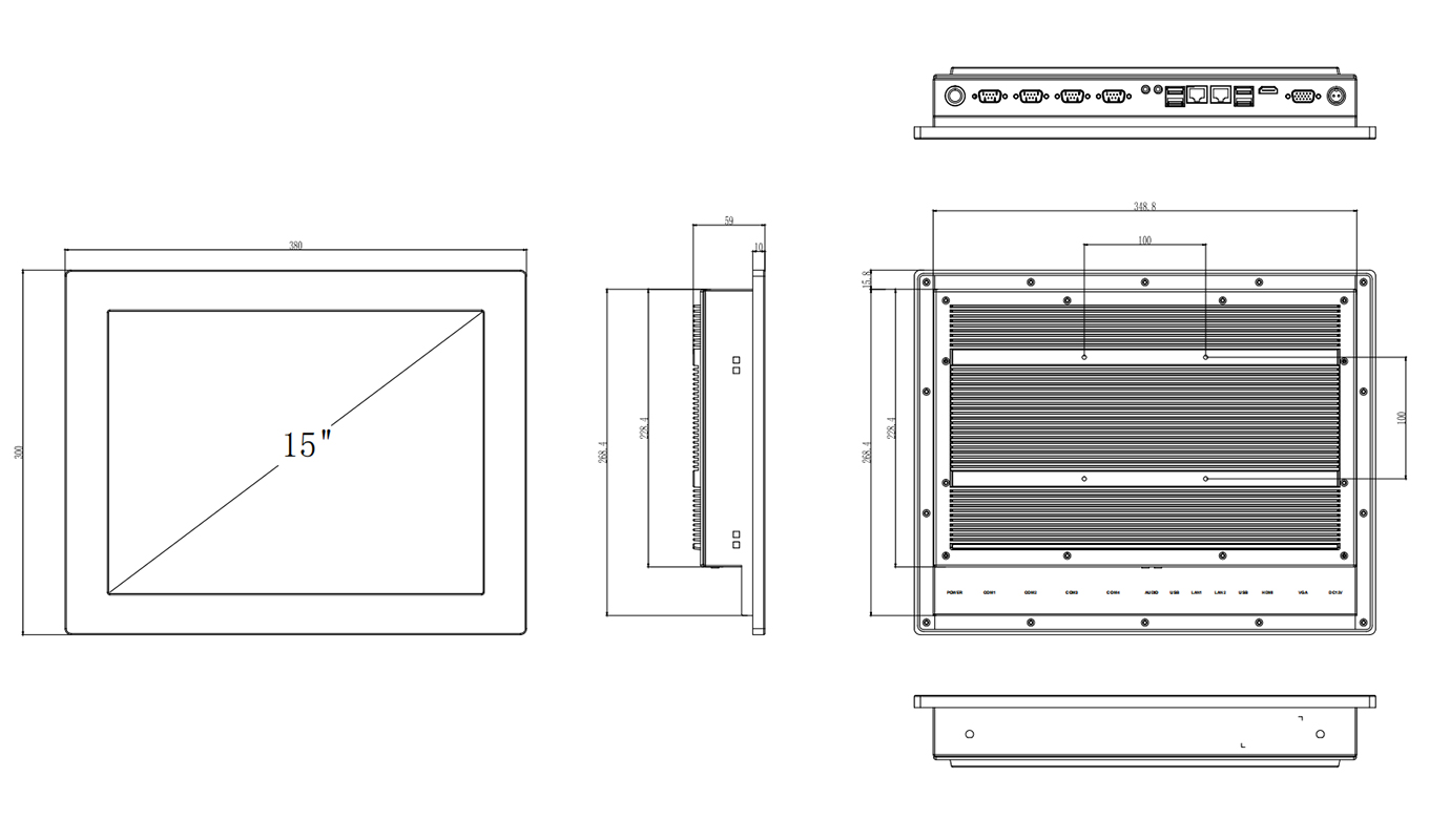 Dimension of 15 inch J1900 Core I3/I5/I7 Resistive Touch Panel PC