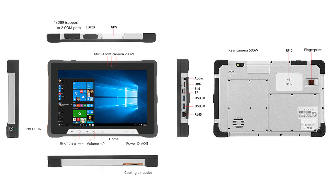 Dimension of 10 Inch Intel Core I3/I5/I7 Rugged Tablet
