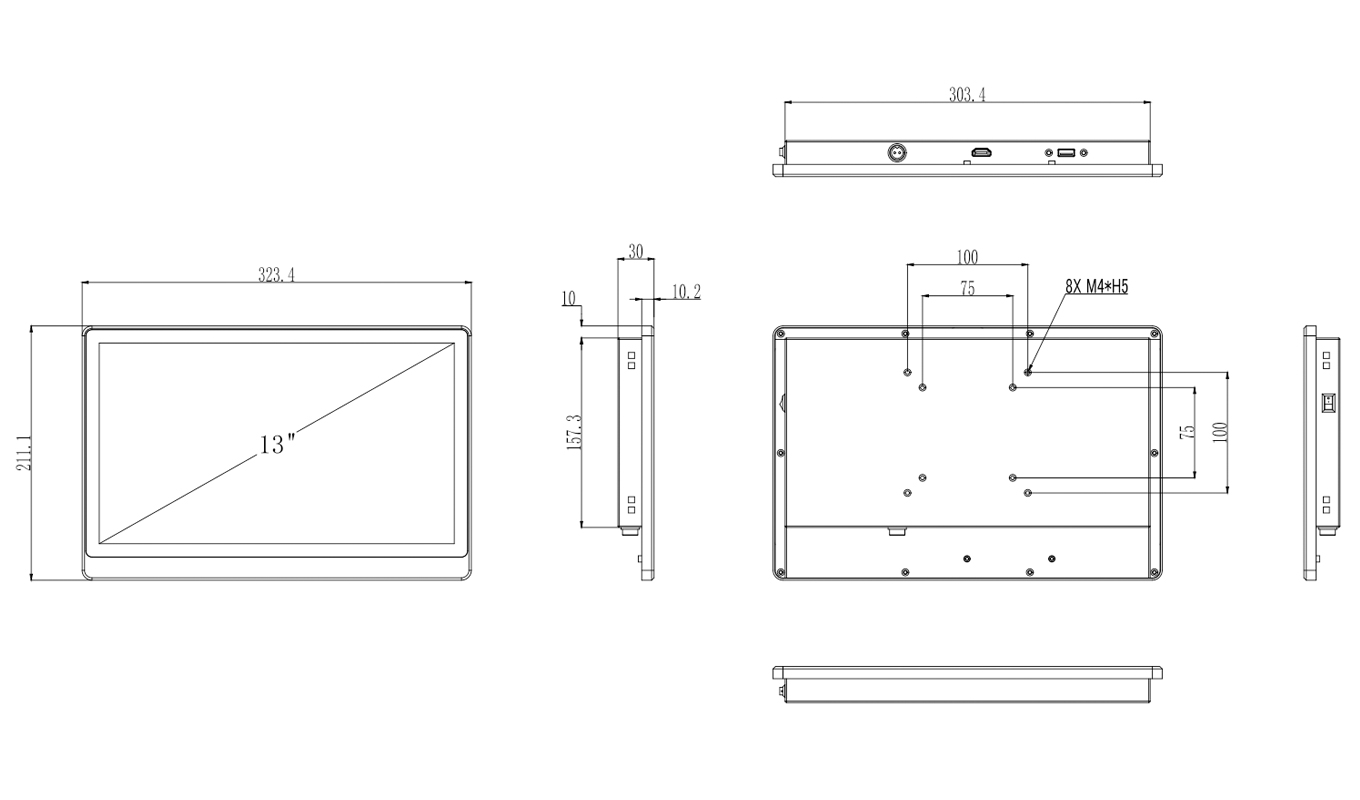 Dimension of 13 Inch Industrial Monitor