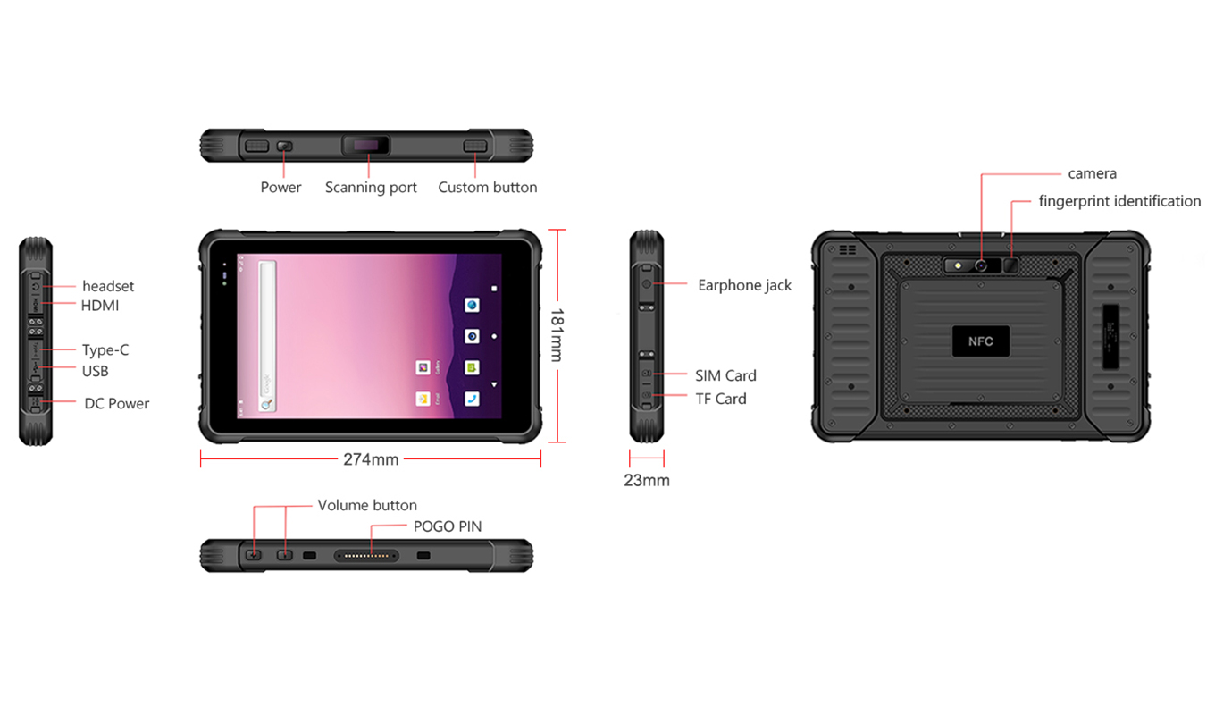 Dimension of 8 Inch MTK 6771 Rugged Tablet