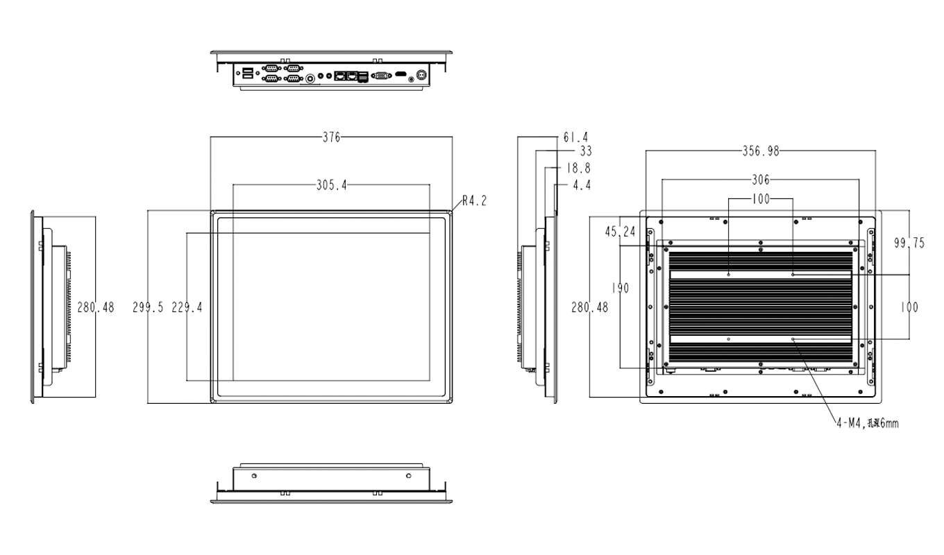 Dimension of 15 Inch Intel 8th Gen. i3/i5/i7 Capacitive Panel PC
