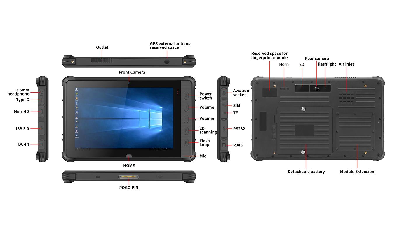 Dimension of 10 Inch Intel Core i5-1135G7/i7-1165G7 Front NFC Fingerprint Rugged Tablet